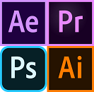 Icones des logiciels After Effects, Premiere, Photoshop, et Illustrator